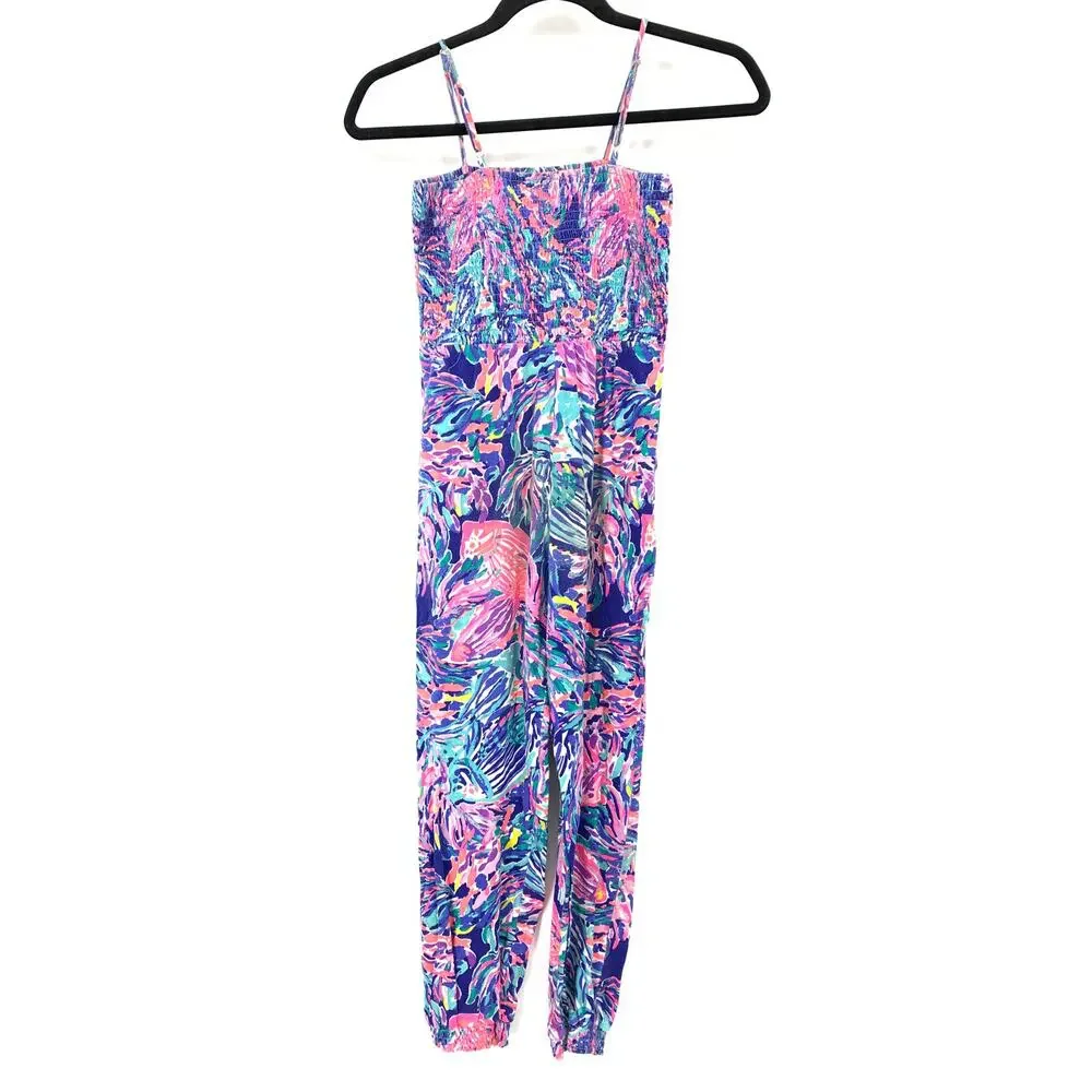 Lilly Pulitzer Girls Jumpsuit L 8-10 Tropical Print Smocked Strap Beach Vacation